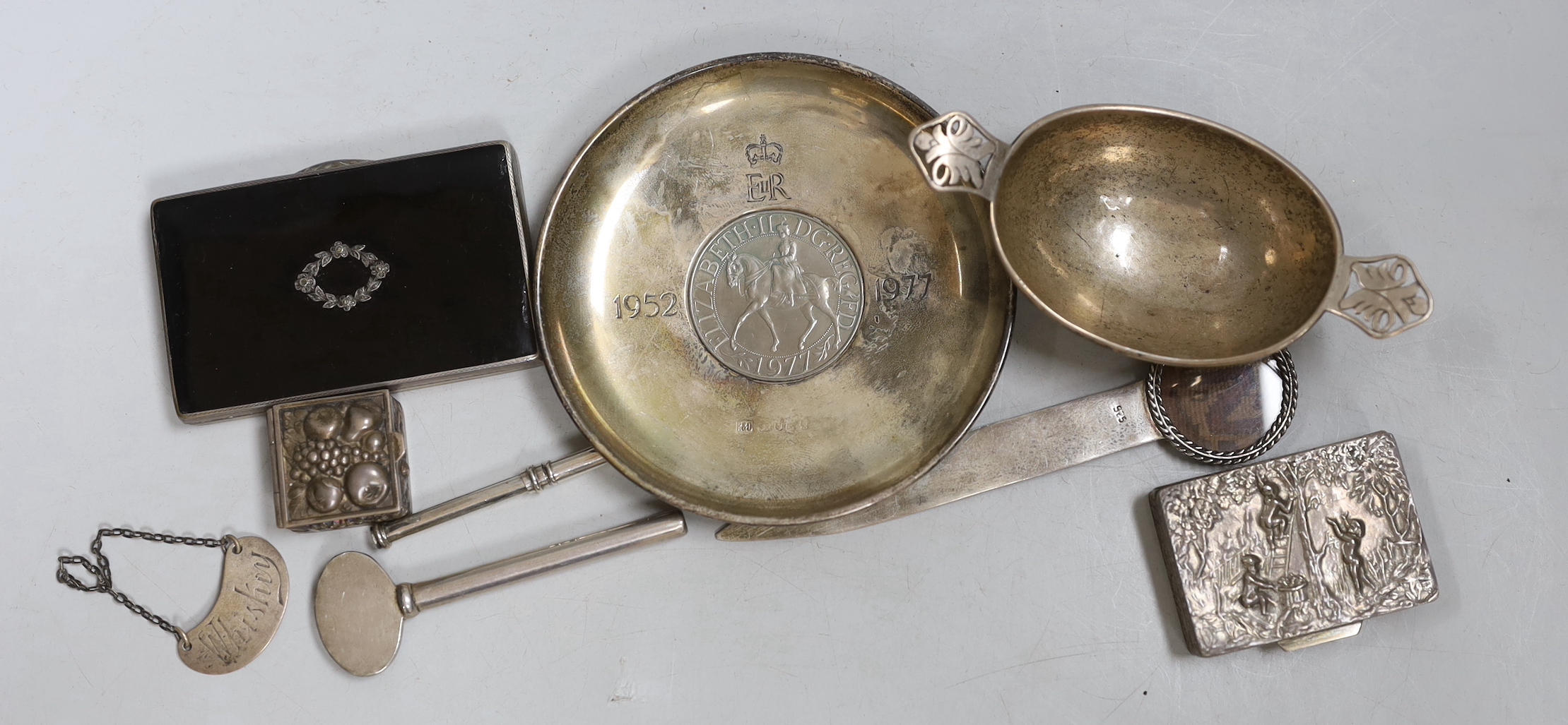 A modern Asprey & Co silver toothpaste key, London, 1988 and other sundry small silver and 925 items including commemorative dish, pill box, salt, wine label and marcasite and enamel set box.